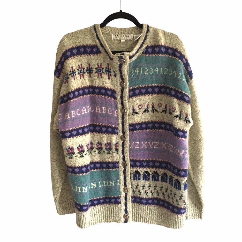 MUSKOKA LAKES Wool Button Front Cardigan Sweater Cream Gray Blue Purple L